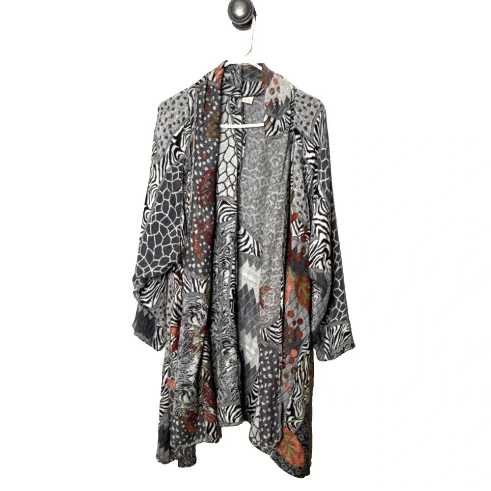 ANU L Cardigan Boho Embroidered Kimono Jacket Textured Floral Pockets Wool